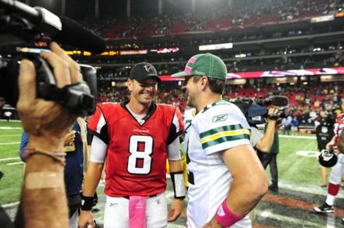 Quarterbacks - Atlanta falcons back up Chris Redman with Green Bay Packers QB Aaron Rodgers last sunday.