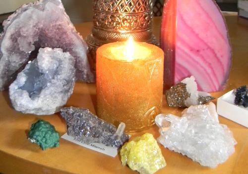 Candle lit crystals - candles lit crystals, crystals are used for spiritual and healing purposes. Talks on crystal healing and charging your crystals for this too at Mylot.