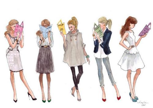 Drawing of women reading - Fashionable women reading books