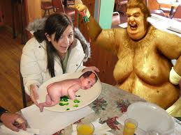 Fat Bas*ard Preparing to Eat a Baby - Fat Bas*ard preparing to eat a baby who is being held on a platter.