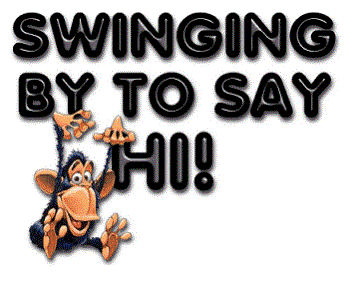 Monkey - This is a picture of a black cartoon monkey that is swinging from the words "swinging in to say hi" It is cute.the words are black and grey .