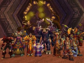 Screenshot from World of Warcraft of a group of ch - Screenshot from World of Warcraft of a group of characters in front of an instance portal