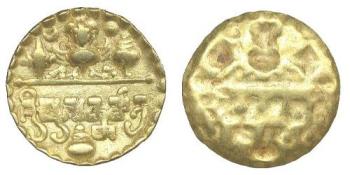 Southern Kosala Sorabhapuriyas Prasannamatra Circa - This rare coin belongs to 6th century AD.
Very fine gold coin.Southern Kosala Sorabhapuriyas Prasannamatra Circa 510 - late 6th Century AD