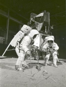 moon landing - Buzz Aldrin and Neil Armstrong in NASA&#039;s training mockup of the Moon and lander module. Hoax proponents say the entire mission was filmed on sets like this one.