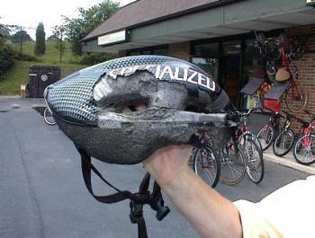 Bike Helmet - This is what a bike helmet looks like after being involved in a bike accident. Just imagine what someones's head would look like if they were not wearing a helmet. Bike Helmet - This is what a bike helmet looks like after being involved in a bike accident. Just imagine what someones's head would look like if they were not wearing a helmet.