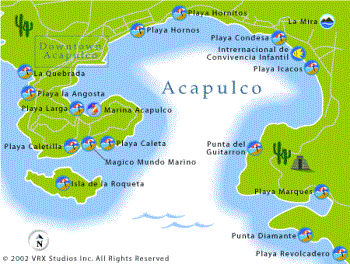 Map of the area of Acapulco - Map of Acapulco showing the different places of interests, especially the location of the beaches.