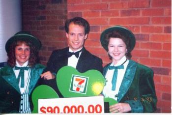 Muscular Dystrophy Telethon - Me dressed up as a leprechaun presenting a cheque at the Muscular Dystrophy Telethon.