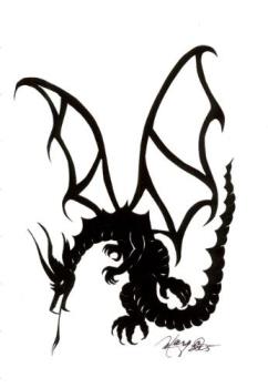 Dragon cutting I did freehand scherenschnitte silh - This is an old art. I cut it out with a pair of scissors freehand. 
http://mgcreativearts.com/Finall.wmv
If you click on that, you will see how I cut.
You can look at my website to see more difficult ones:
www.mgcreativearts.com
Or check my shop on line. I can do a dragon on a request.
http://www.cafepress.com/margieanneart