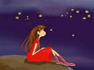 pondering - A girl sitting alone at night asks "Sparkling, flashing stars, how I wonder where you are. How many light years are you from earth?"