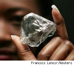 Lesotho Promise - Lesotho Promise.
A 603-carat diamond, named the Lesotho Promise after the country in which it was found, was sold last week in Antwerp for $12.36 million. The giant raw diamond will most likely be cut into several smaller diamonds, which will have a collective value of approximately $20 million. The white diamond - the most popular color for a diamond to be - was the 15th largest ever found in the world, and the largest to be discovered this century.

