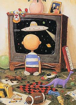 Boy Watching TV - A drawing of a boy watching a TV with a space ship on it.