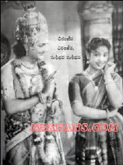 Nandamuri Taraka Rama Rao and Savitri - This is a still from the movie Mayabazaar in which Nandamuri Taraka Rama Rao and Savitri acted.