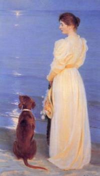 Painting by P.S.Krøyer - Painting by Danish artist P.S.Krøyer, of his wife and their dog on the beach in the summertime, painted in 1892