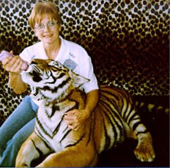 Pet Tiger - A lady feeding her pet tiger.