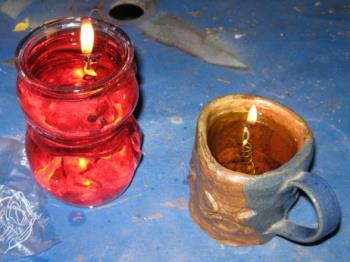 Do it yourself - Some oil lamps I made. Cotton wick, wire coil and olive oil.