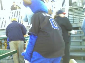 Mascots - This is a picture I took of Rocky. He is the Blue Rocks mascots at the baseball game. He really gets involved with the kids.