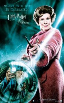 Professor Umbridge - Professor Umbridge holding the wand and Dumbledore inside the glass sphere.