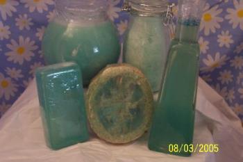 My cucumber melon set - This is one of the set that I made. It has a candle, bath salts, bubble bath, a loufa soap, and a bar soap. These are so fun to make.