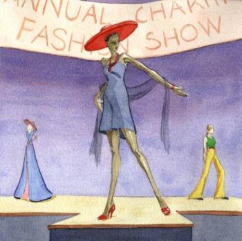 Shopping For The Perfect Dress - This drawing depicts an annual charity fashion show....there are many times when you can find dresses that are similar to the extravagant priced dresses...by comparing the color, cut, and fabric....a reasonable priced dress may be purchased that will please everyone.