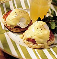Eggs Benedict - Crisp English muffins, slices of smoky Canadian bacon, delicate poached eggs, butter-rich hollandaise--the layers of classic eggs Benedict are rather grand. And getting the yolks soft but not too runny, the sauce emulsified without breaking, and all the components hot at the same time can seem intimidating. 