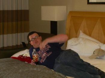 Suart - I caught my son Stuart sprawled out on the bed relaxing in the hotel room, LOL. Suart - I caught my son Stuart sprawled out on the bed relaxing in the hotel room, LOL.