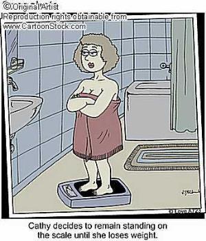 Weighing scales - An amusing cartoon of a woman standing on scales who won&#039;t move till she loses weight!