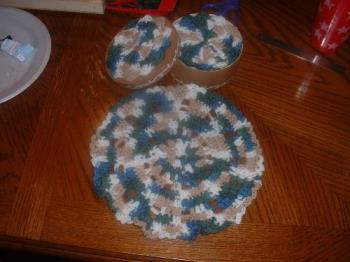 Coaster and doily set - This is one of the sets I make and give as gifts--the coasters are my design and the doily pattern is one I found online. I paint a medium round wooden container and decorate it--usually I make an extra coster to hot glue to the top. 