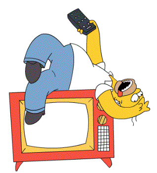 Homer - Homer Simpson, the father character on cartoon tv series the simpson&#039;s, lying on top of the tv.