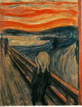 "Scream" by Edvard Munch - "Scream" (Skrik, 1893) is a seminal series of expressionist paintings by Norwegian artist Edvard Munch. It is said by some to symbolize the human species overwhelmed by an attack of existential angst. The landscape in the background is Oslofjord, viewed from the hill of Ekeberg. The Norwegian word skrik is usually translated as "scream", but is cognate with the English shriek. Occasionally, the painting has been called The Cry.

A (66 x 83.5 cm) version of this piece appears in the Munch Museum, Oslo, Norway, and an oil, tempera, and pastel on cardboard (measuring 91 x 73.5 cm) in the National Gallery of Norway (uploaded here). A third version is also owned by the Munch Museum, and a fourth is owned by Norwegian billionaire Petter Olsen. Munch later also translated the picture into a lithograph, so the image could be reproduced in reviews all over the world. Since 1994, two separate versions of Scream have been stolen by art thieves, but both were eventually recovered.