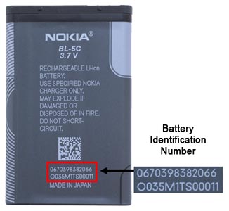 BL-5C Nokia Battery - “Nokia” and “BL-5C” are printed on the front of the battery. On the back of the battery, the Nokia mark appears at the top, and the battery identification number (consisting of 26 characters) is found at the bottom. If the battery identification number does not contain 26 characters, it is not subject to this product advisory. 
