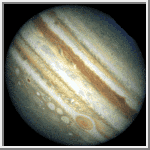 Planet Jupiter - Jupiter is the fifth planet from the Sun and is the largest one in the solar system. If Jupiter were hollow, more than one thousand Earths could fit inside. It also contains more matter than all of the other planets combined. It has a mass of 1.9 x 1027 kg and is 142,800 kilometers (88,736 miles) across the equator. Jupiter possesses 28 known satellites, four of which - Callisto, Europa, Ganymede and Io - were observed by Galileo as long ago as 1610. Another 12 satellites have been recently discovered and given provisional designators until they are officially confirmed and named. There is a ring system, but it is very faint and is totally invisible from the Earth. (The rings were discovered in 1979 by Voyager 1.) The atmosphere is very deep, perhaps comprising the whole planet, and is somewhat like the Sun. It is composed mainly of hydrogen and helium, with small amounts of methane, ammonia, water vapor and other compounds. At great depths within Jupiter, the pressure is so great that the hydrogen atoms are broken up and the electrons are freed so that the resulting atoms consist of bare protons. This produces a state in which the hydrogen becomes metallic.

Colorful latitudinal bands, atmospheric clouds and storms illustrate Jupiter&#039;s dynamic weather systems. The cloud patterns change within hours or days. The Great Red Spot is a complex storm moving in a counter-clockwise direction. At the outer edge, material appears to rotate in four to six days; near the center, motions are small and nearly random in direction. An array of other smaller storms and eddies can be found through out the banded clouds.

Auroral emissions, similar to Earth&#039;s northern lights, were observed in the polar regions of Jupiter. The auroral emissions appear to be related to material from Io that spirals along magnetic field lines to fall into Jupiter&#039;s atmosphere. Cloud-top lightning bolts, similar to superbolts in Earth&#039;s high atmosphere, were also observed. 