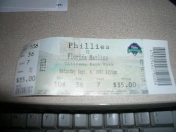 Ticket - Here is the Phillies ticket that I still have from saturdays game. I will probably cherish it forever since they won a game.