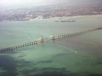 Penang Bridge from the air - Shot of the Penang Bridge as the plane I was on made a southern turn after its takeoff from Penang International Airport.