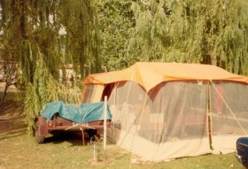 Camping in Tumut - This was my setup.
Tent at the back and annex at the front.
The whole thing was 12x20 feet
Took me two hours to set the whole thing up... and two hours to repack it all.