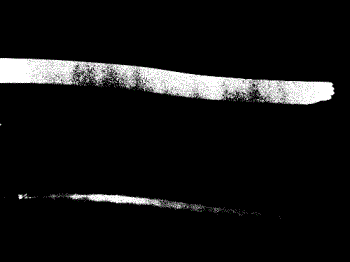 Light Test - The top stripe is the very bright 11W (=60W) fluorescent bulb, the darker bottom one is a 40W incandescent bulb.

You can see a very faint variation in both lights as the camera panned across them.