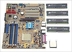 AMD chip - AMD Athlon 64 FX-53 processor in an Asus A8V Deluxe motherboard, and four 512MB DIMMs of Corsair PC3200 memory.