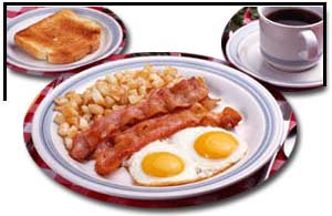 breakfast - eggs, hash browns, bacon