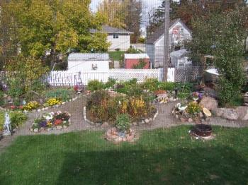 Wide view of our backyard garden in the fall - This photo was taken in the early fall through our upstairs screened in gazebo. The photo is a little grainy as a result of the screening...but it gives a wide view of our flower and vegetable garden.