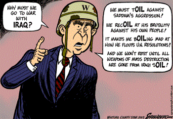 Bush&#039;s view on the war in Iraq - A caricature featuring Bush talking bout the war in Iraq.