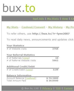 Bux.To stats screen - This is a screenshot of my current stats screen at Bux.To. As you can see, the 100% of my downline earnings has considerably increased my balance earned. To see the payout proofs for Bux.To, please visit my page at http://beam.to/parttimecash and click on payout proofs