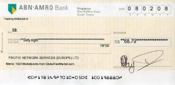 Check received from GlobalTestMarket - This is the USD$50 equivalent check that I received from GlobalTestMarket in February 2008.