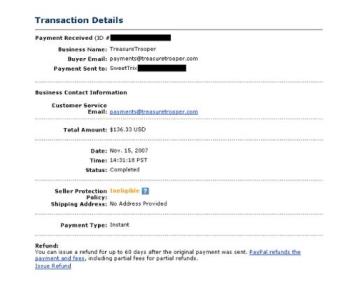 Treasure Trooper Payment - My payment from Treasure Trooper via PayPal. 