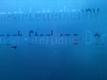 It&#039;s Spelled "STRABANE"! - This bus Shelter has the route of the bus that serves it in the frosted glass wall at the back..