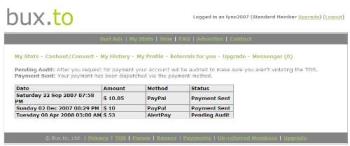 Bux.To History - This is a screenshot of my payout history with Bux.To.
If you&#039;re interested in joining theis ptc site, please visit: http://bux.to/?r=lynn2007