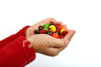 Handful of skittles! - Here's a handful of those sugary-sweet candies, Skittles! Tasty, but boy do they ever coat your teeth in sugar!
