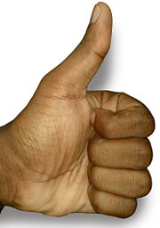 Thumbs Up - A thumbs up[em]thumbup[/em] or thumbs down [em]thumbdown[/em]is a common gesture represented by a closed fist held with the thumb extended upward or downward in approval or disapproval respectively.

