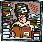 books - cartoon surrounded by books studying