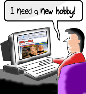 hobby - cartoon showing man looking for a new hobby