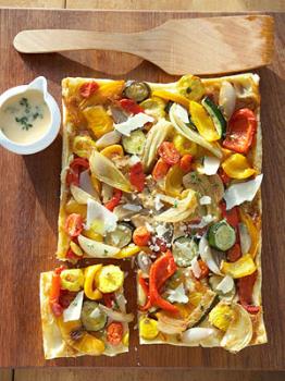 roasted squash and bell peppers tart  - roast a variety of veggies and cover with a frozen puff pastry, turn out of the pan when it is finished. 