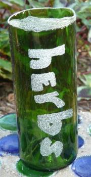 Etched, upcycled container. - This is a cut off wine bottle that&#039;s been buffed so that the edges are smooth and safe. Then, I etched in letters. I need to work on details, but it&#039;s a pretty good attempt for a first shot! I&#039;ll have to consider whether I want to list it or not, now.